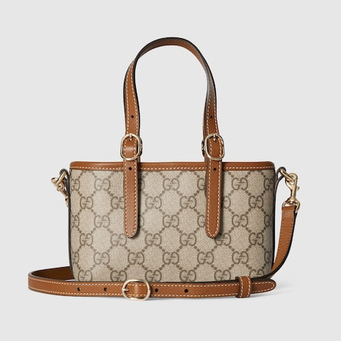 Mini borsa GG Emblem in tessuto beige e marrone