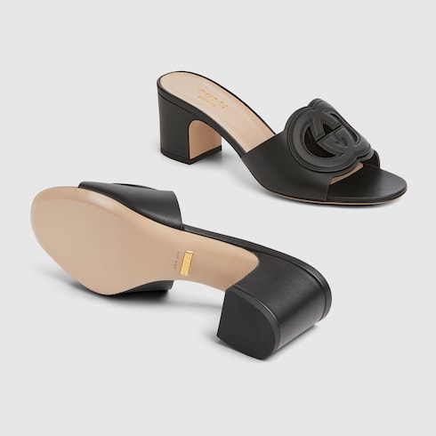 Sandalo slider donna con Incrocio GG in pelle nero