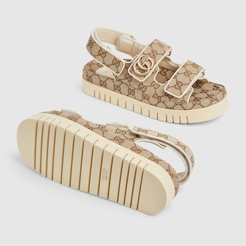 Sandalo donna con Doppia G in tessuto GG beige e marrone scuro