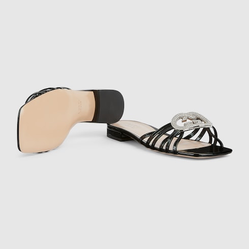 Sandalo slider donna con Incrocio GG con cristalli in pelle verniciata nera