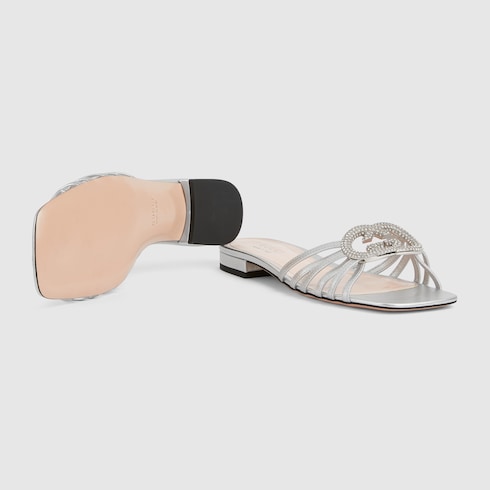 Sandalo slider donna con Incrocio GG con cristalli in pelle argento