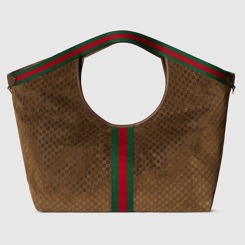 Borsa shopping GG Giglio misura piccola in pelle scamosciata marrone