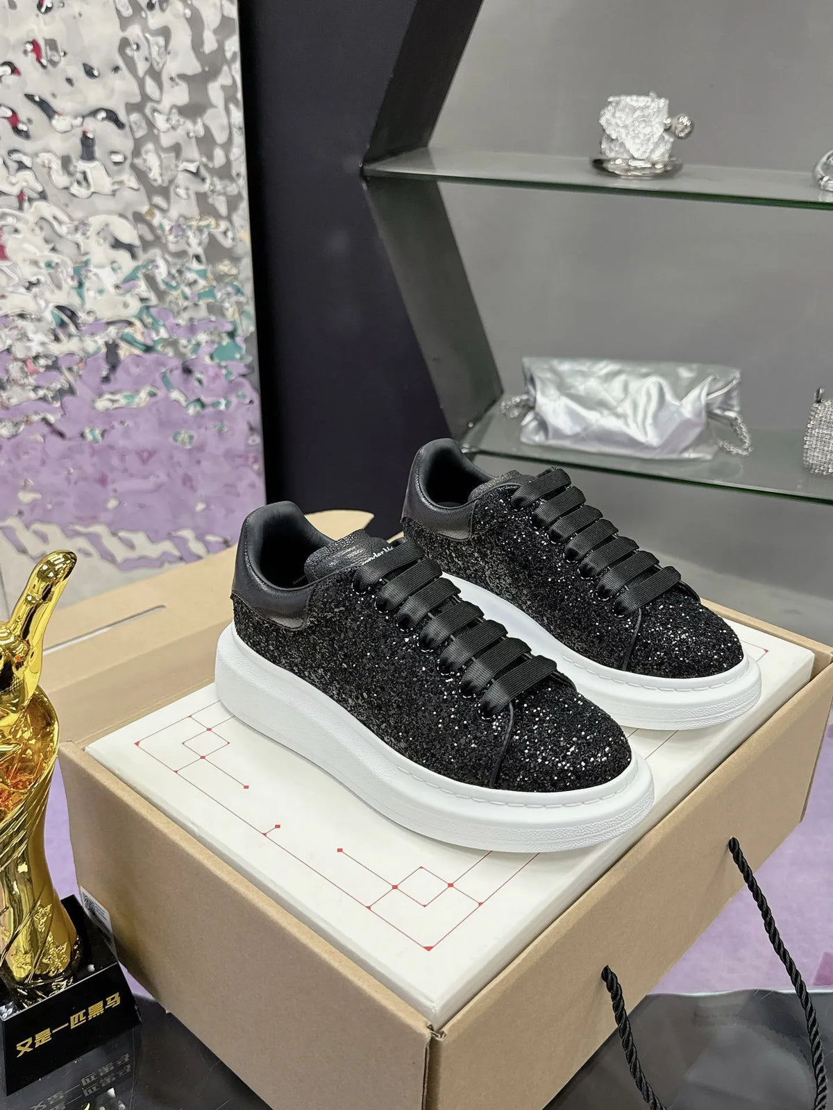 Alexander McQueen Black Glitter Oversized Sneakers