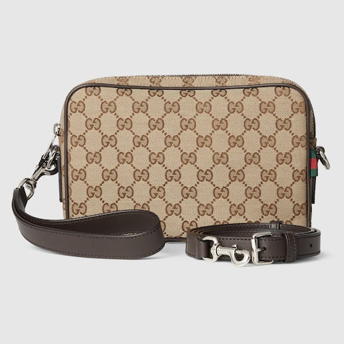 Borsa a tracolla in tessuto GG beige e marrone misura piccola