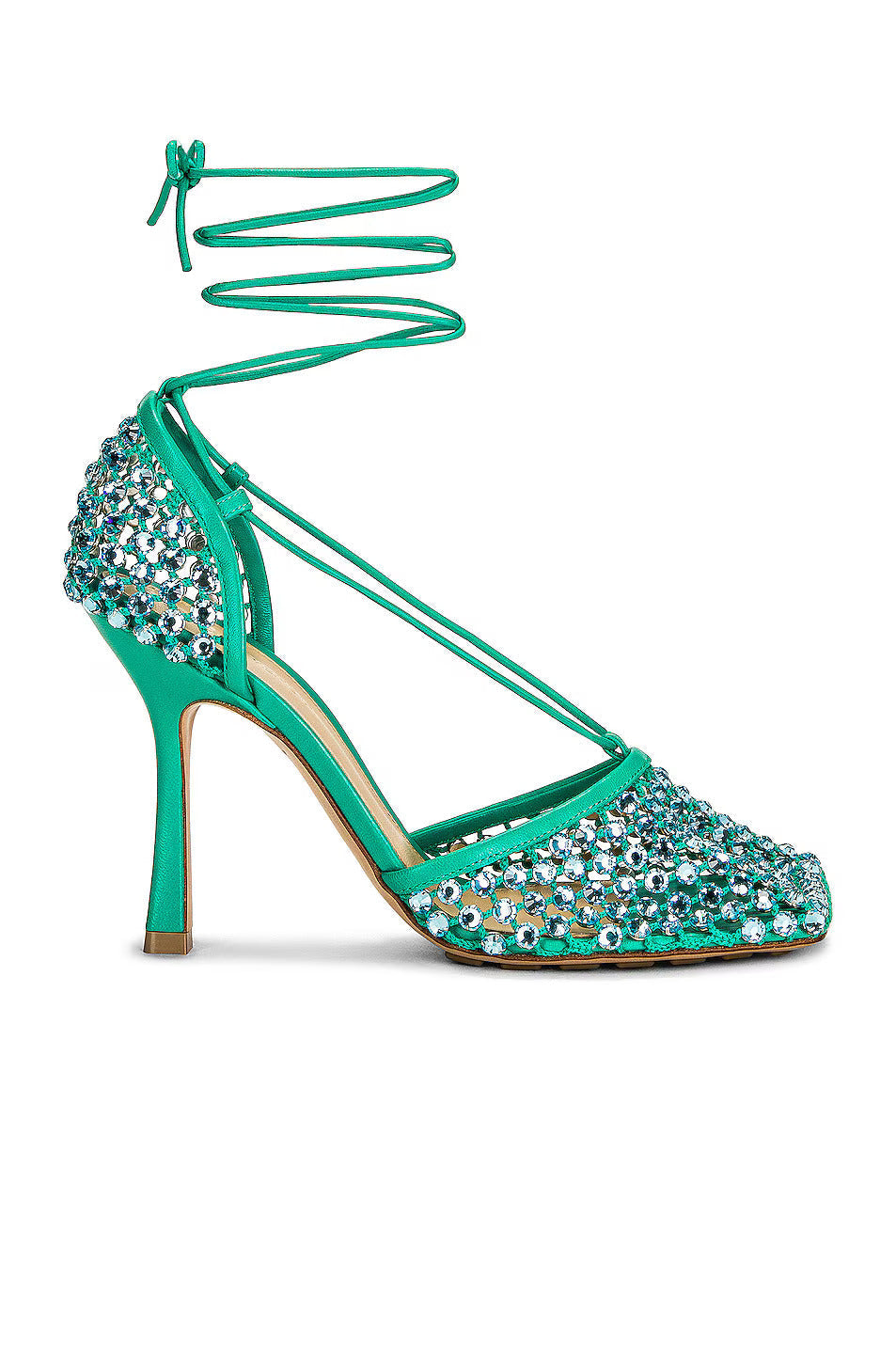 Sandali elasticizzati con strass e lacci 90 mm turchese acido
