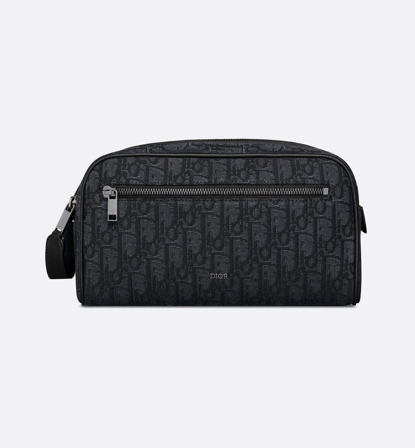 Borsa da toilette Beige e nero Jacquard Oblique con pelle di vitello martellata nera