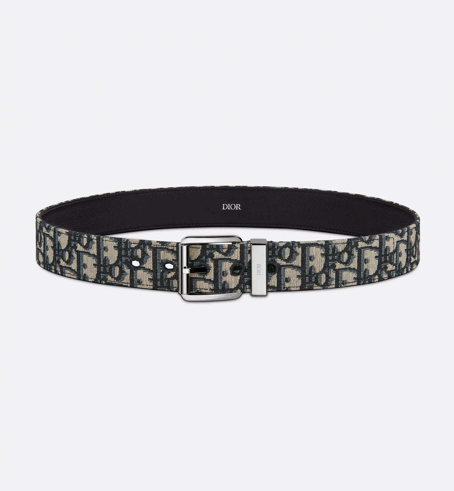 Cintura beige e nera Oblique jacquard con pelle di vitello martellata nera 35 mm uomo