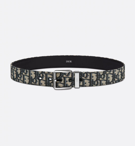 Cintura beige e nera Oblique jacquard con pelle di vitello martellata nera 35 mm uomo