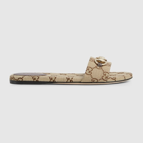 Sandalo slider donna con Morsetto in tessuto GG beige e marrone scuro