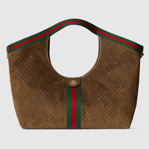 Borsa shopping GG Giglio misura grande in pelle scamosciata marrone
