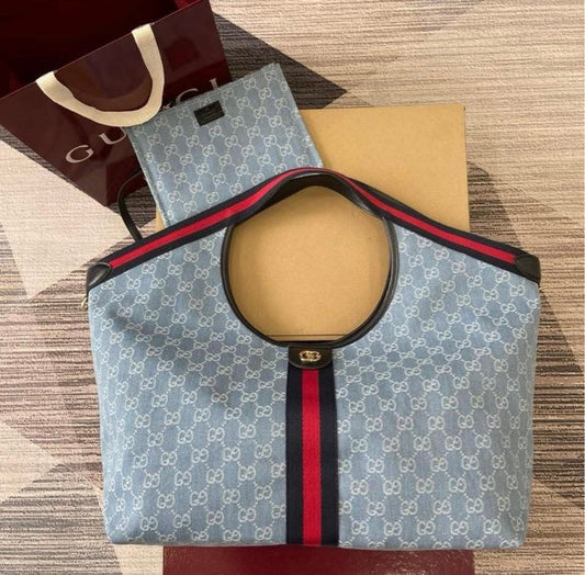 Borsa shopping GG Giglio misura piccola in tessuto azzurro e bianco