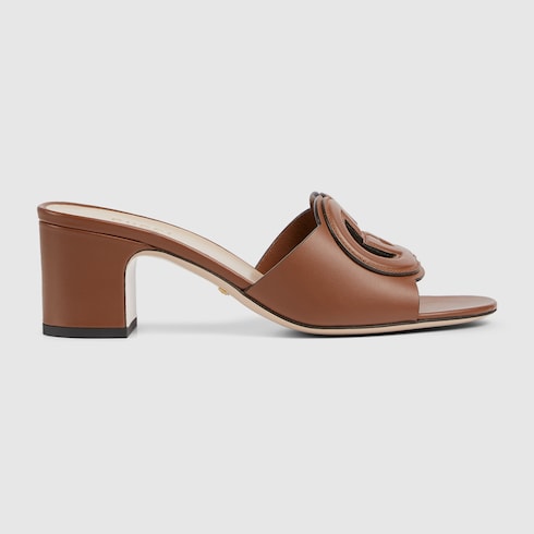 Sandalo slider donna con Incrocio GG in pelle marrone
