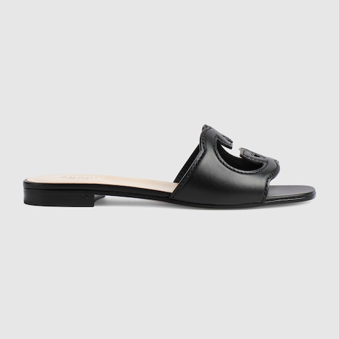 Sandalo slider donna con Incrocio GG in pelle nera