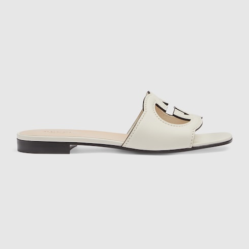 Sandalo slider donna con Incrocio GG in pelle bianca