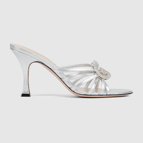 Sandalo con tacco slider donna Incrocio GG con cristalli in pelle argento
