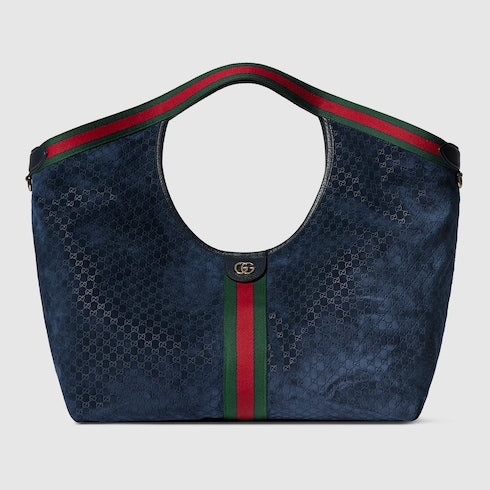 Borsa shopping GG Giglio misura piccola in pelle scamosciata blu scuro
