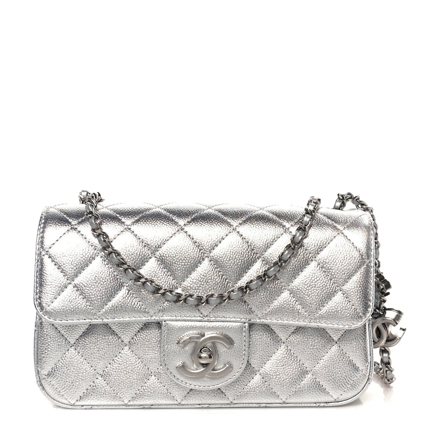 Mini borsa rettangolare trapuntata Caviar metallizzata con patta CC Slide argento