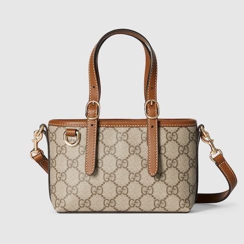 Mini borsa GG Emblem in tessuto beige e marrone