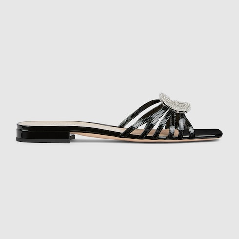 Sandalo slider donna con Incrocio GG con cristalli in pelle verniciata nera