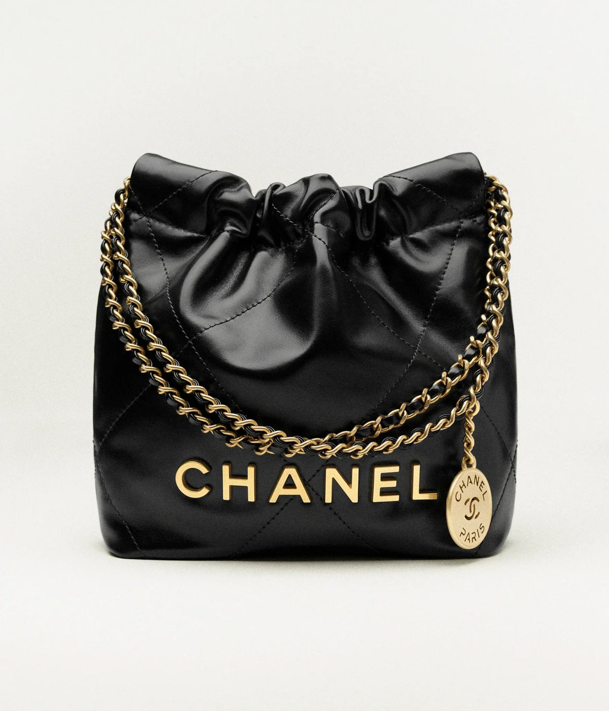 Borsa Mini 22 in pelle di vitello lucida nera e metallo in color oro