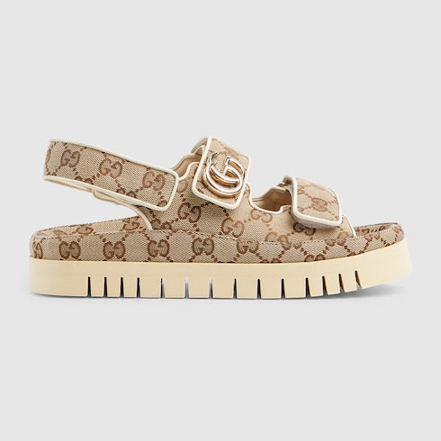 Sandalo donna con Doppia G in tessuto GG beige e marrone scuro