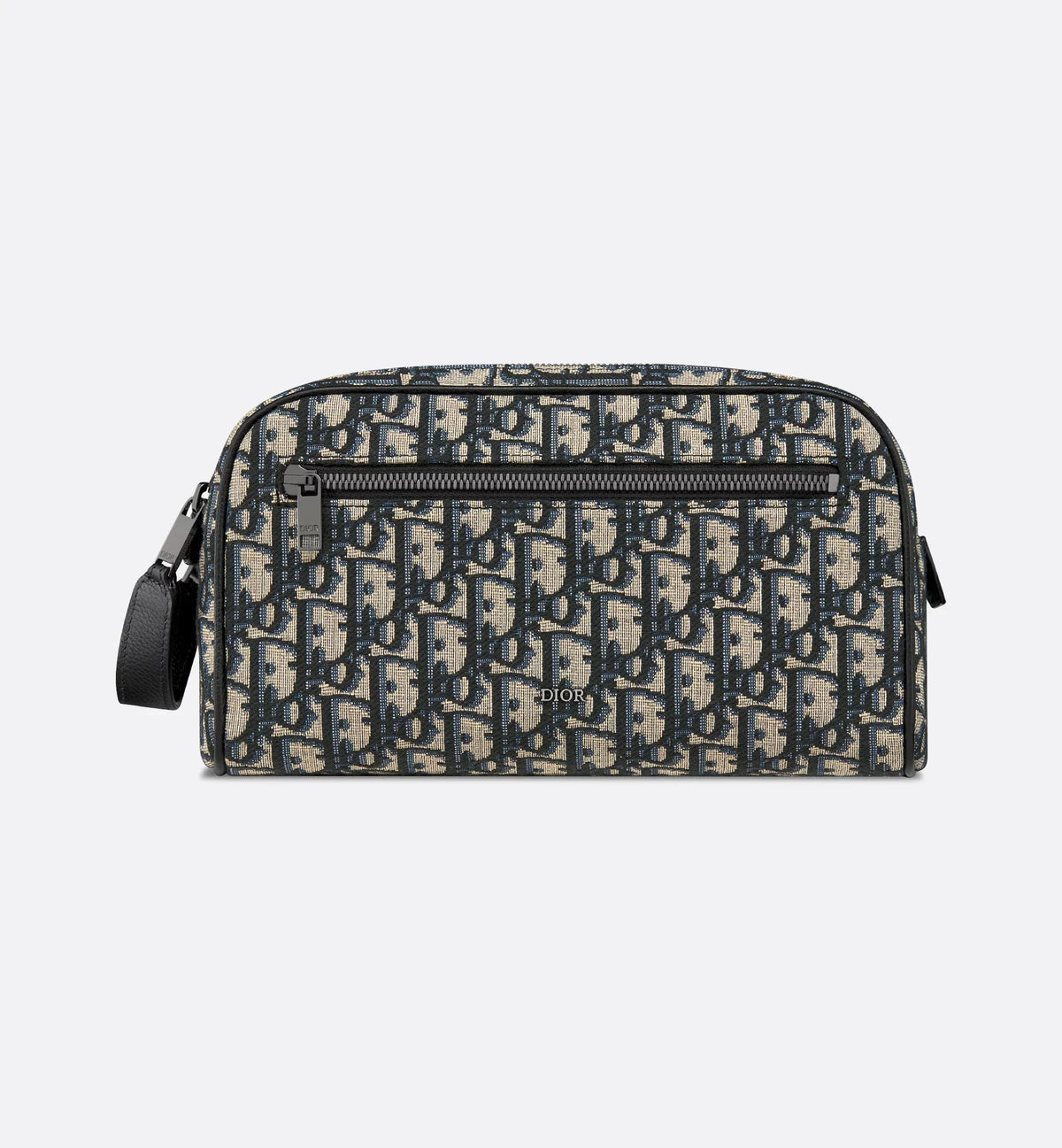 Borsa da toilette Beige e nero Jacquard Oblique con pelle di vitello martellata nera