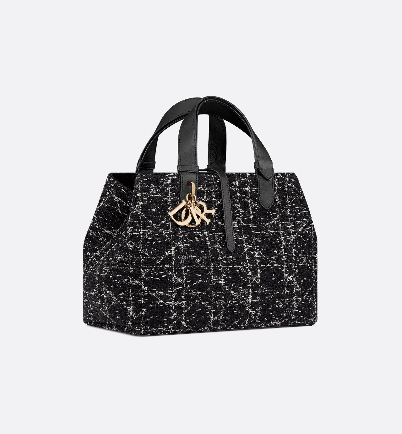 Borsa Media Toujours Tweed Nero con Motivo Cannage Bianco