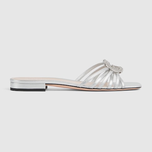 Sandalo slider donna con Incrocio GG con cristalli in pelle argento