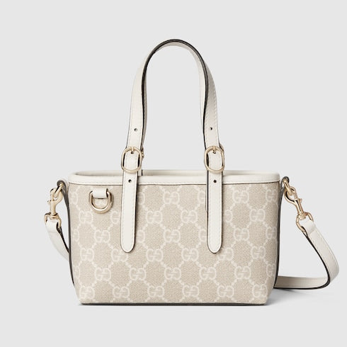 Mini borsa GG Emblem in tessuto beige e bianco