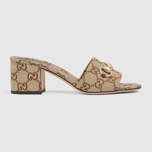 Sandalo slider donna con Morsetto in tessuto GG cammello e marrone