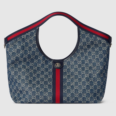 Borsa shopping GG Giglio misura grande in denim GG blu e bianco