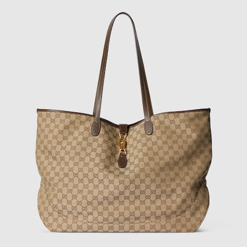 Borsa shopping GG Jackie misura grande in tessuto sabbia e marrone
