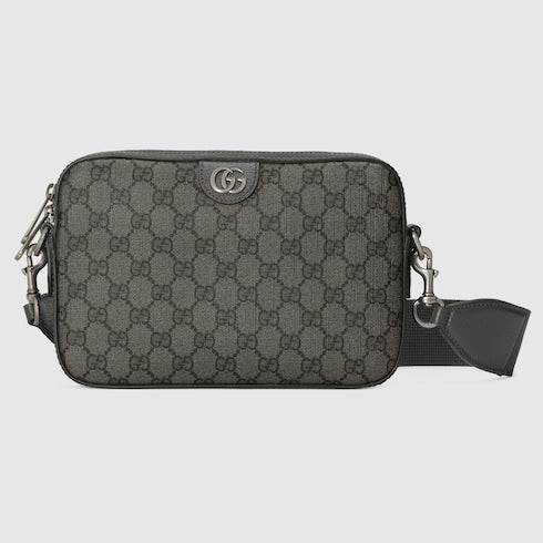 Borsa a tracolla Ophidia misura piccola in tessuto GG Supreme grigio e nero