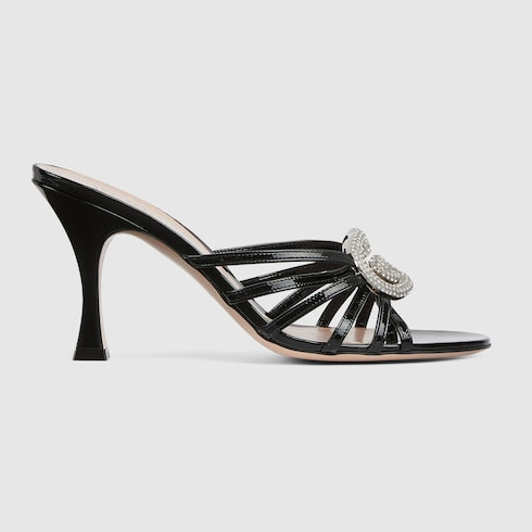 Sandalo con tacco slider donna Incrocio GG con cristalli in pelle argento