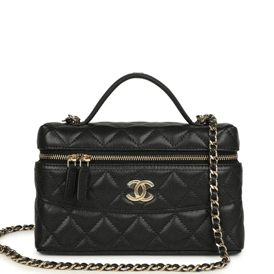 Vanity Case con Manico Superiore in Pelle di Agnello Trapuntata Nera
