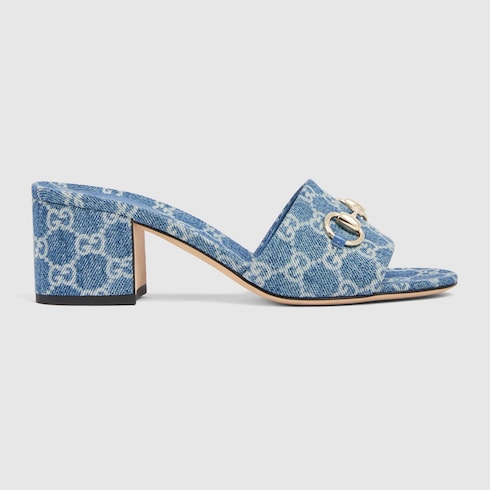 Sandalo slider donna con tacco in denim GG blu