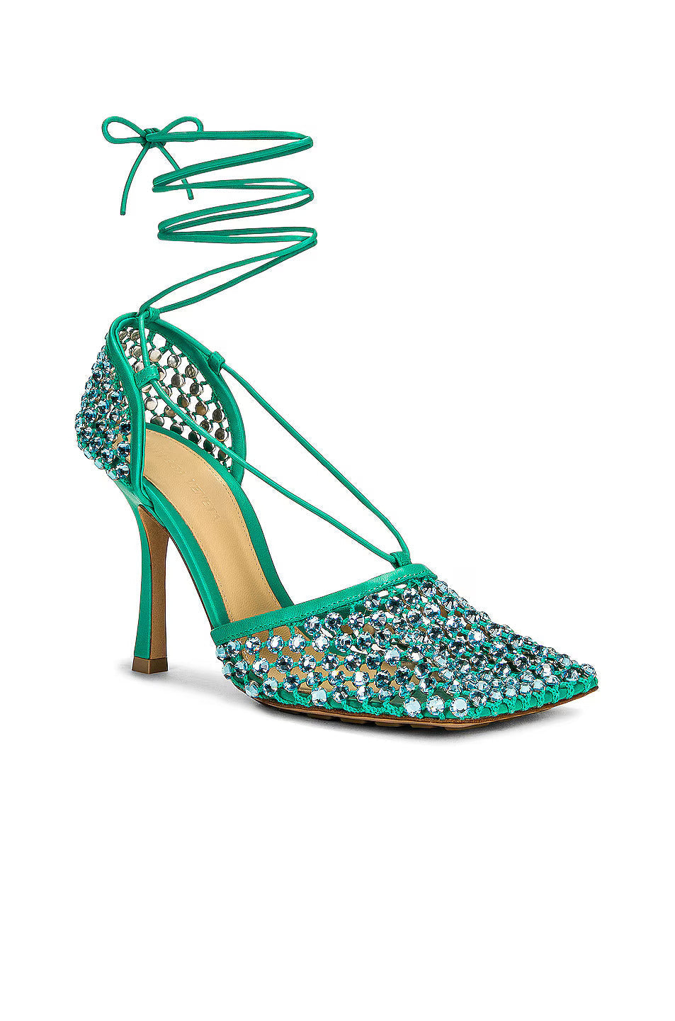 Sandali elasticizzati con strass e lacci 90 mm turchese acido