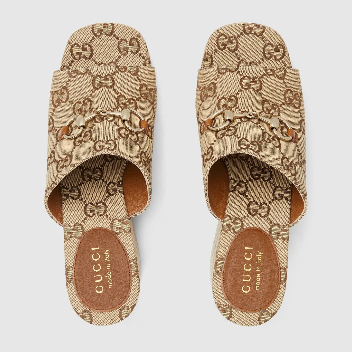 Sandalo con zeppa e Morsetto tessuto GG beige e marrone scuro