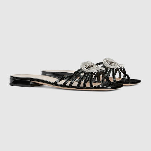Sandalo slider donna con Incrocio GG con cristalli in pelle verniciata nera