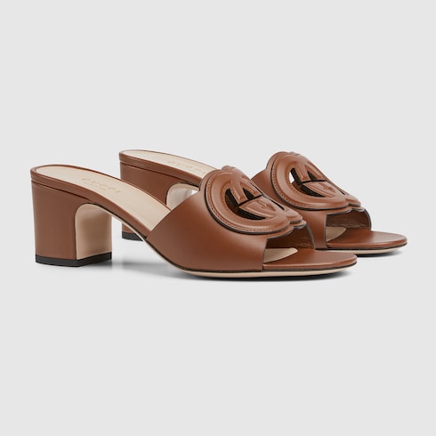 Sandalo slider donna con Incrocio GG in pelle marrone