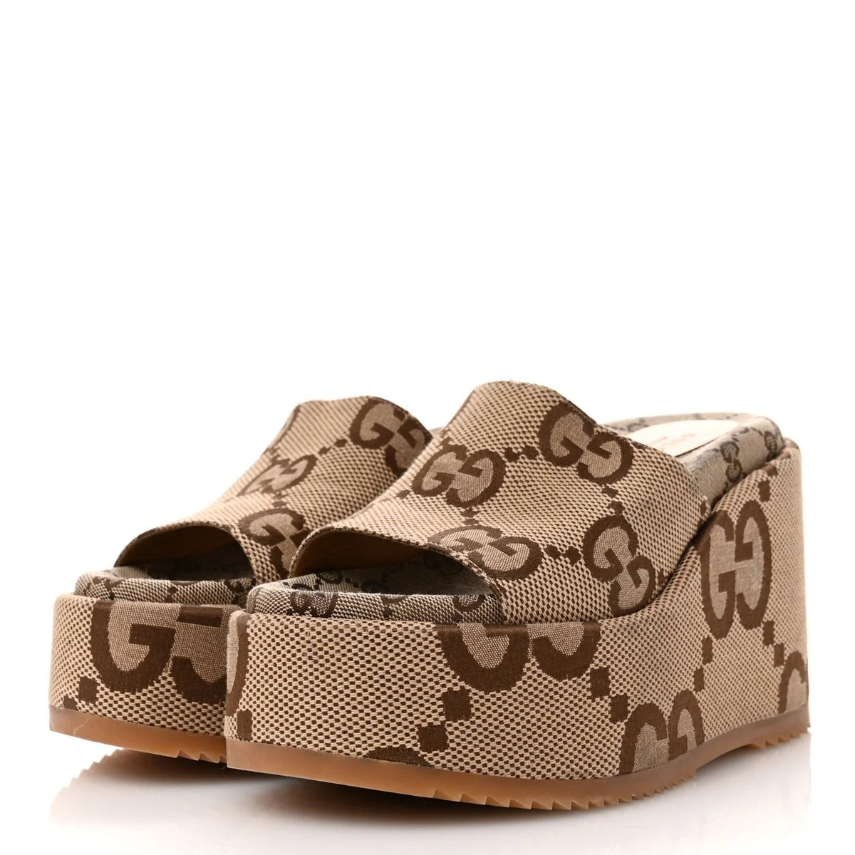 Sandali con zeppa e plateau Monogram GG Jumbo color cammello e ebano