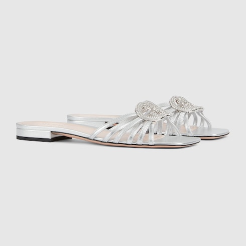 Sandalo slider donna con Incrocio GG con cristalli in pelle argento