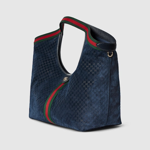 Borsa shopping GG Giglio misura grande in pelle scamosciata blu scuro