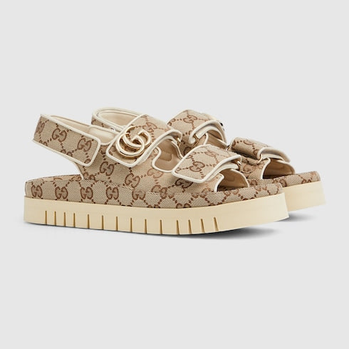 Sandalo donna con Doppia G in tessuto GG beige e marrone scuro