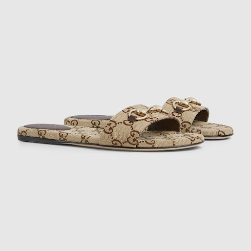 Sandalo slider donna con Morsetto in tessuto GG beige e marrone scuro