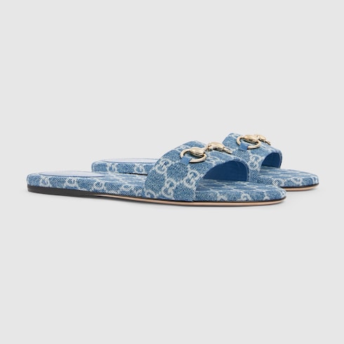Sandalo slider donna con Morsetto in denim GG blu