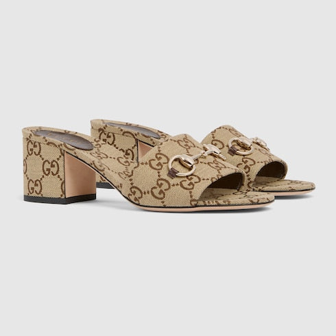 Sandalo slider donna con Morsetto in tessuto GG cammello e marrone