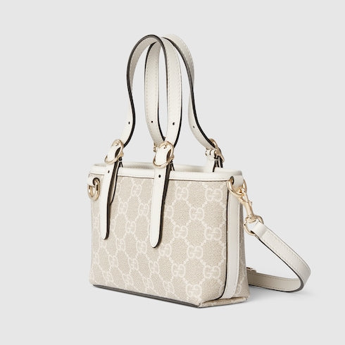 Mini borsa GG Emblem in tessuto beige e bianco