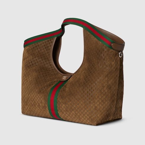 Borsa shopping GG Giglio misura piccola in pelle scamosciata marrone