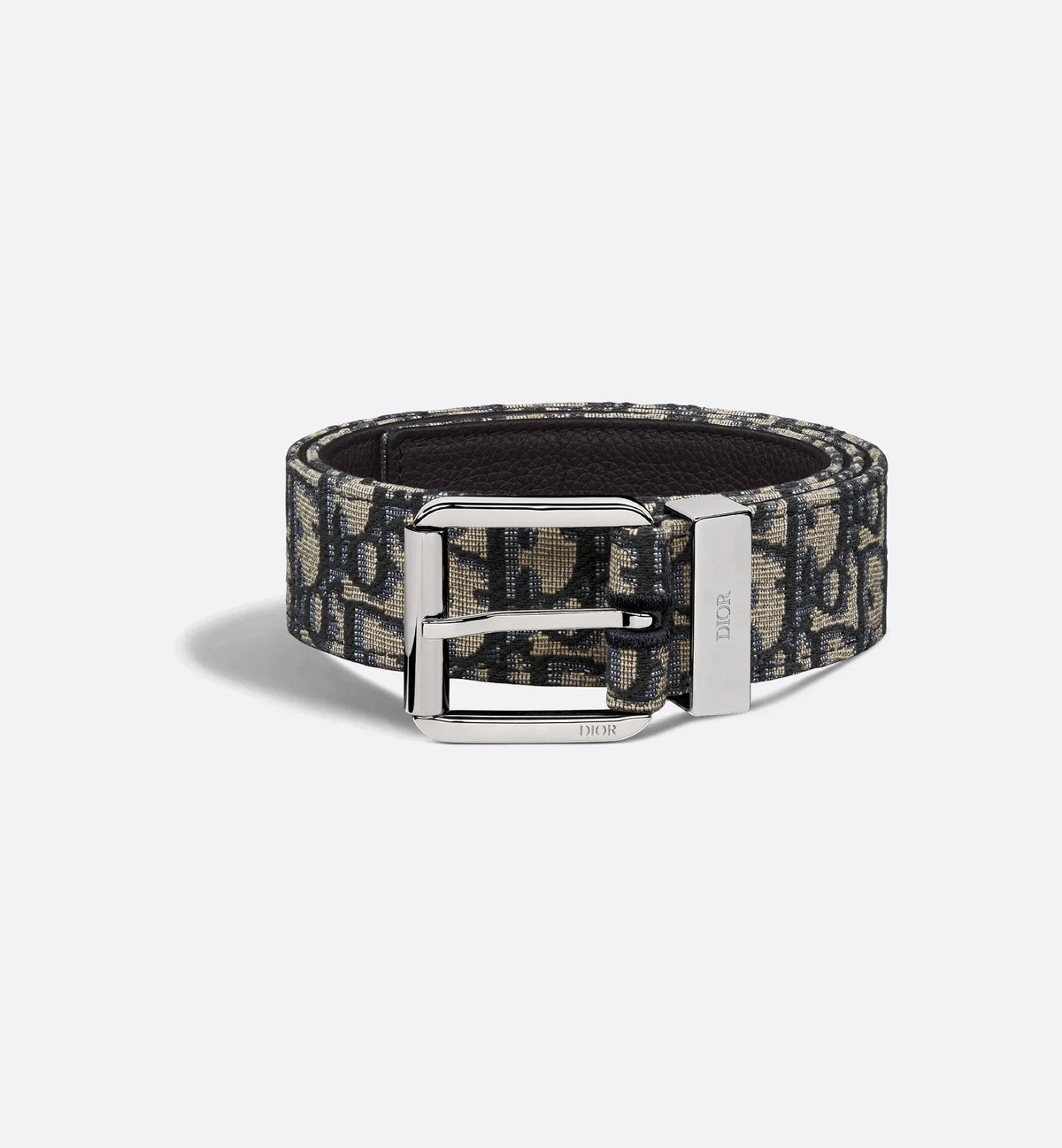 Cintura beige e nera Oblique jacquard con pelle di vitello martellata nera 35 mm uomo